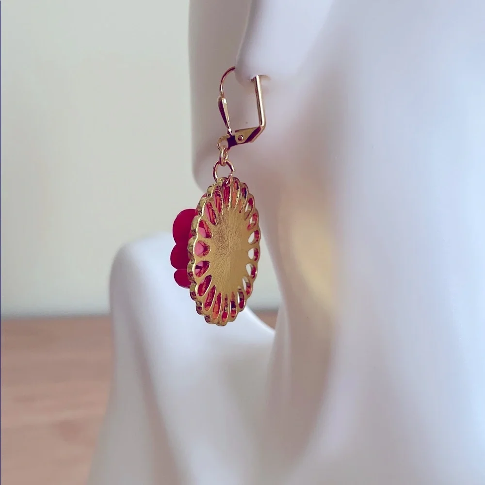 HAND CRAFTED PINK ROSE EARRINGS Acrylic Floral Components Pink Gold